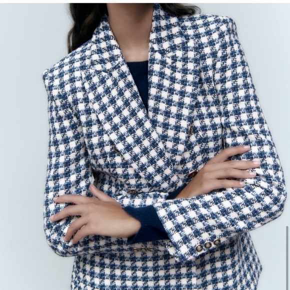 Zara Blue Double Breasted Houndstooth Blazer size S  academia preppy old money - Picture 8 of 13